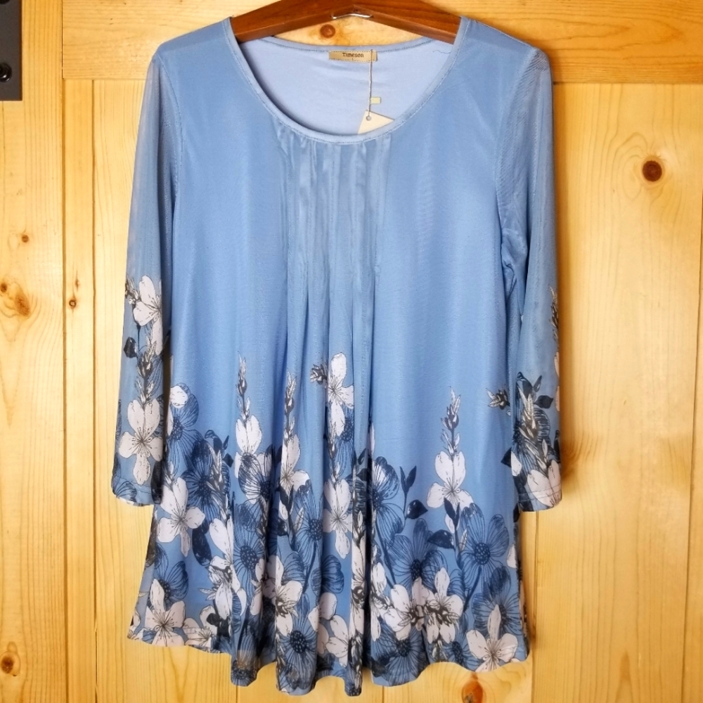 Timeson Floral Semi Pleated Front Scoop Neck Blouse NWT